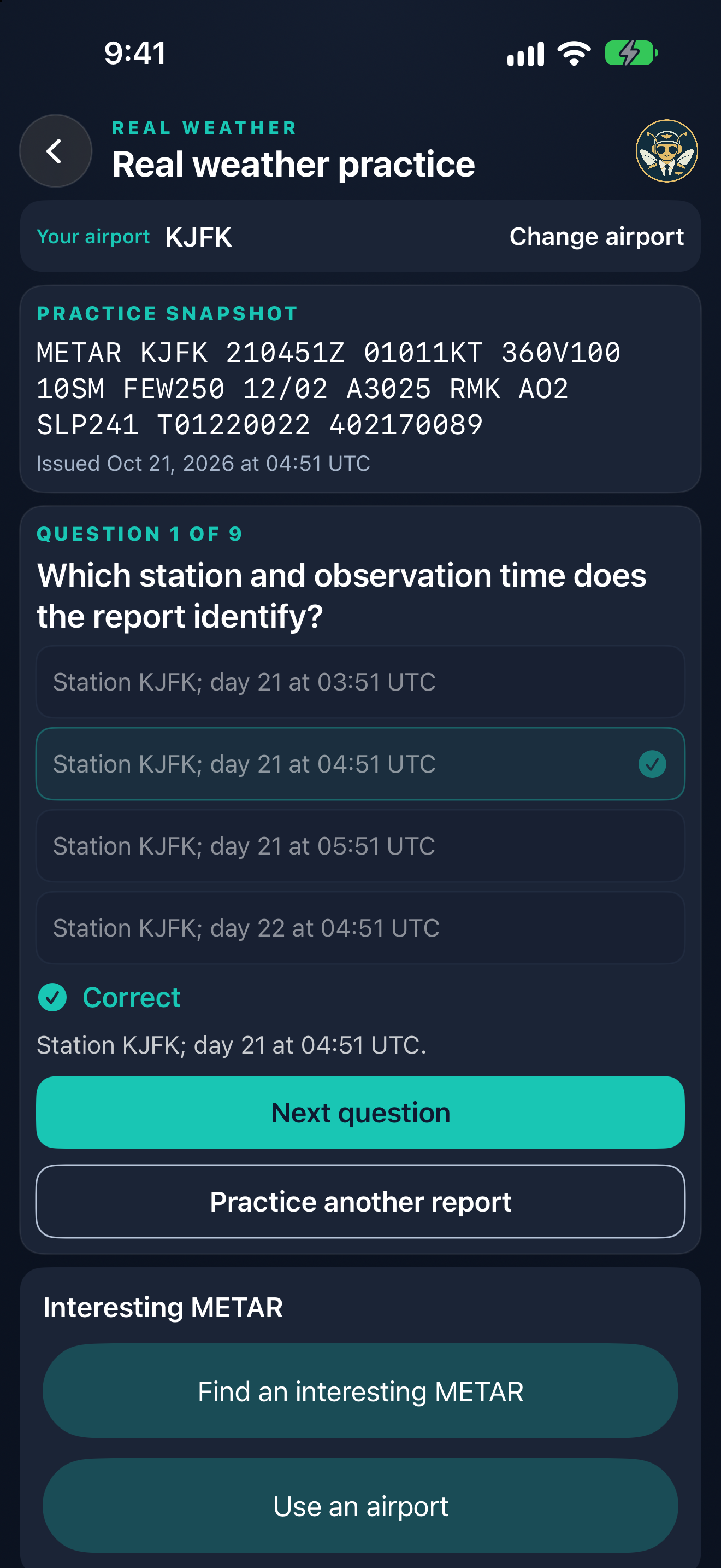 Wannabe Pilot practice screen showing a weather question with answer feedback