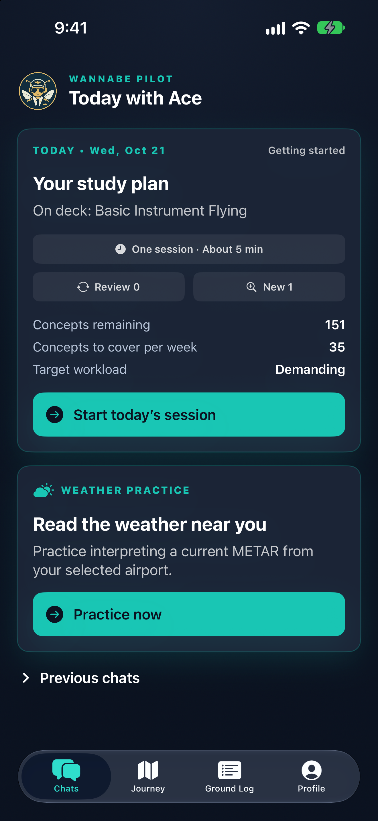Wannabe Pilot Today screen showing a study plan and a Start today’s session button